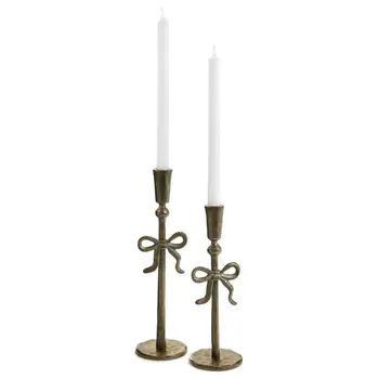 CANDLE HOLDER LARGE WITH A BOW IRON ANTIQUE BRASS