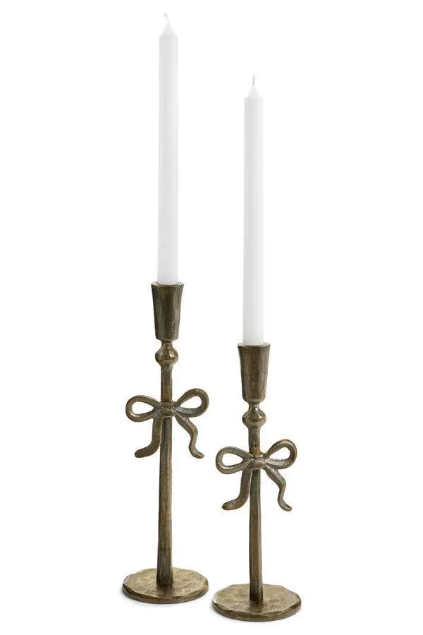 CANDLE HOLDER LARGE WITH A BOW IRON ANTIQUE BRASS