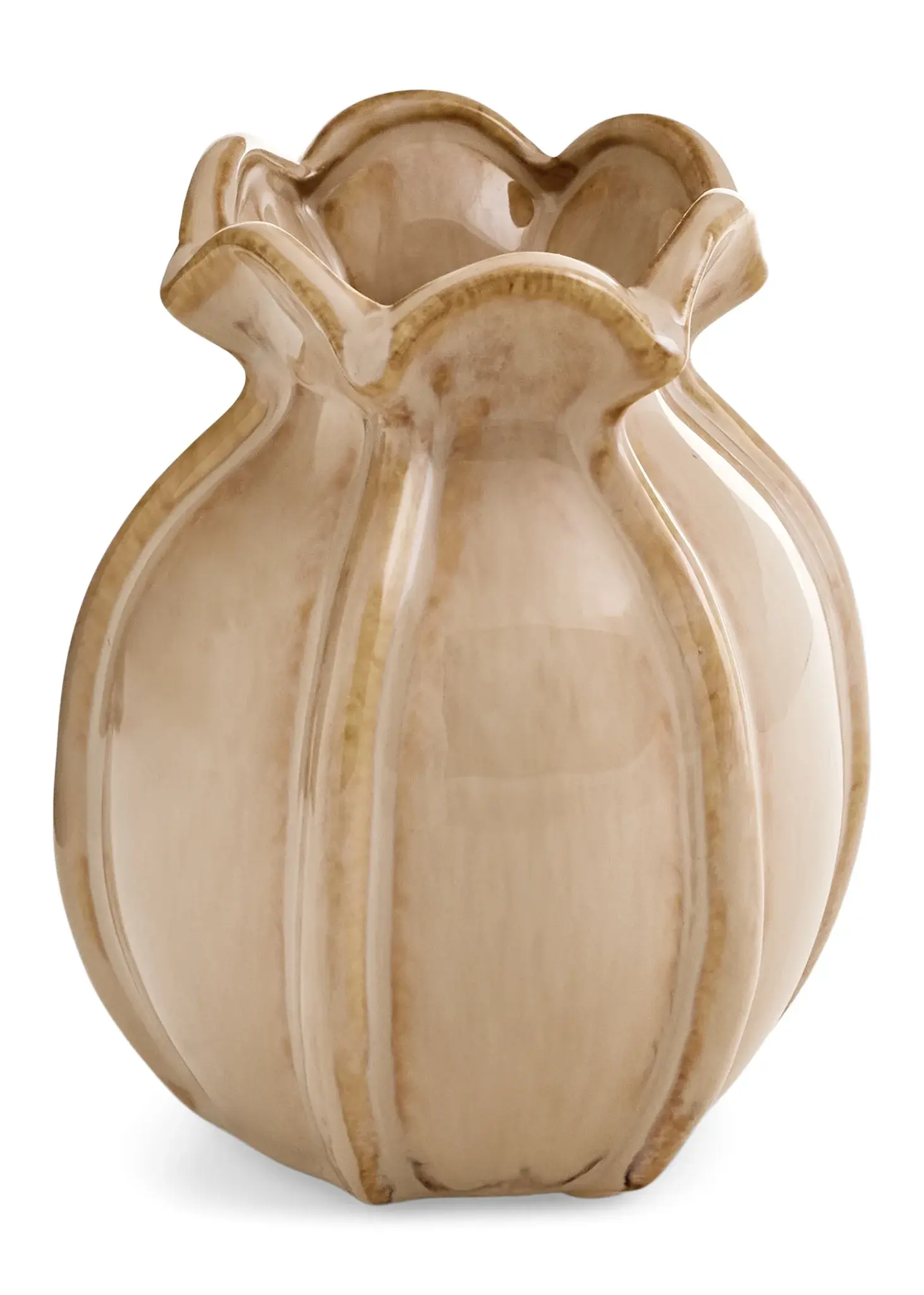 VASE SMALL CLAY ROUND W/ RUFFLES LIGHT MOCHA