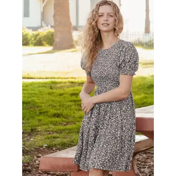 Puff Sleeve Smocked Floral Dress W Pockets Black
