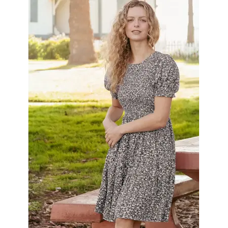 Puff Sleeve Smocked Floral Dress W Pockets Black