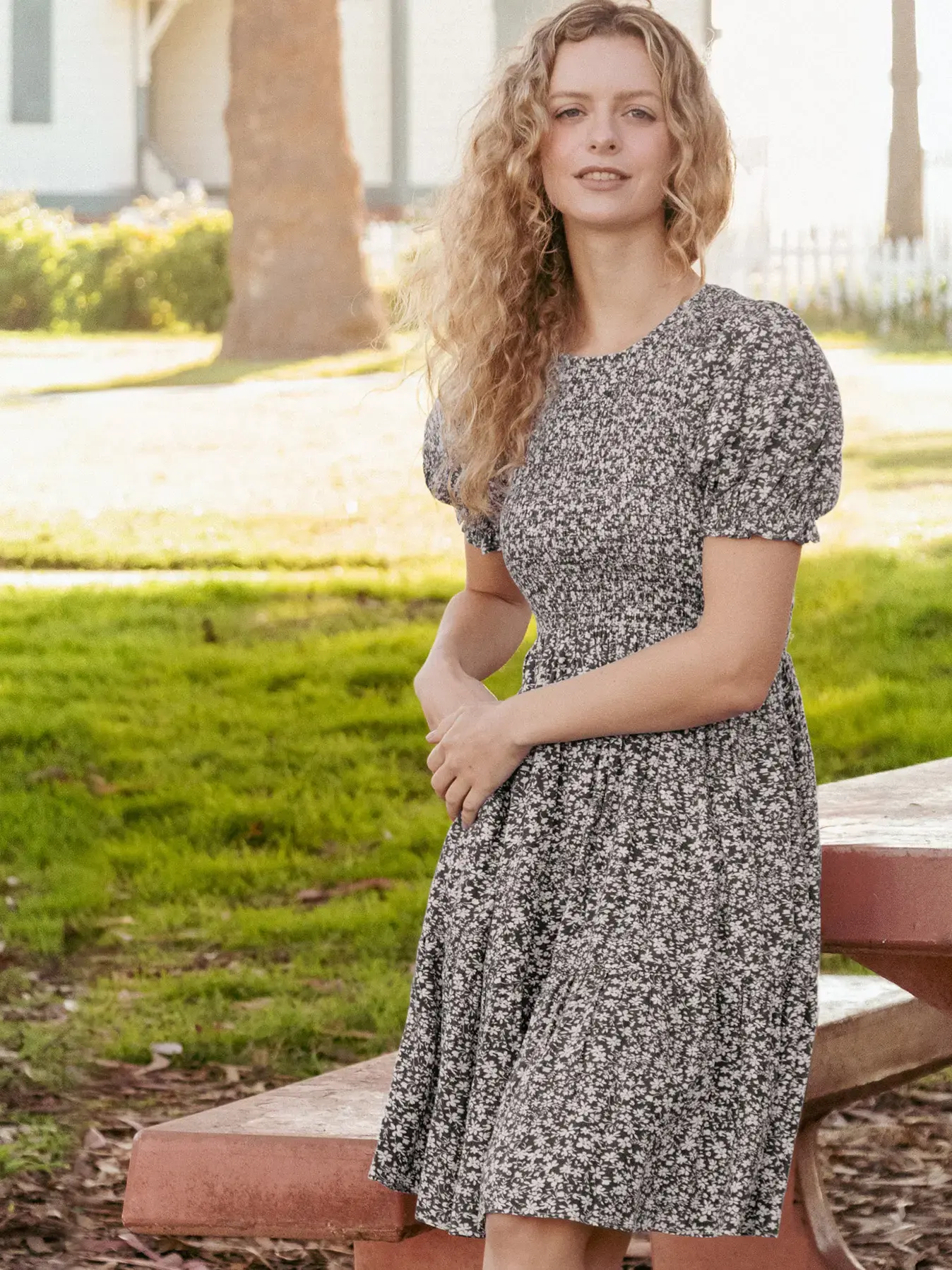 Puff Sleeve Smocked Floral Dress W Pockets Black