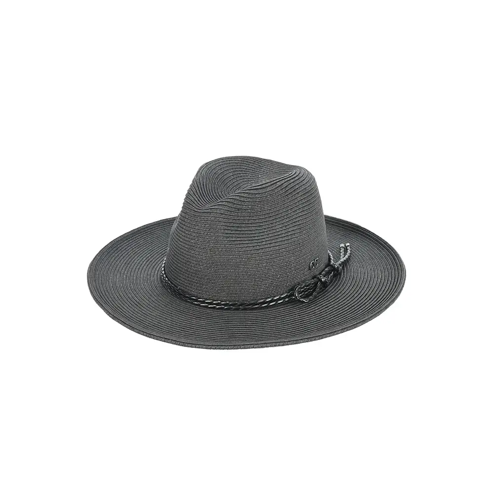 C.C Leather String Rope Band Paper Panama Hat Black