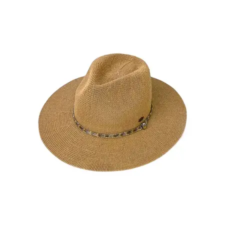 C.C Rhinestone Bugle Bead Trim Panama Hat Dark Natural
