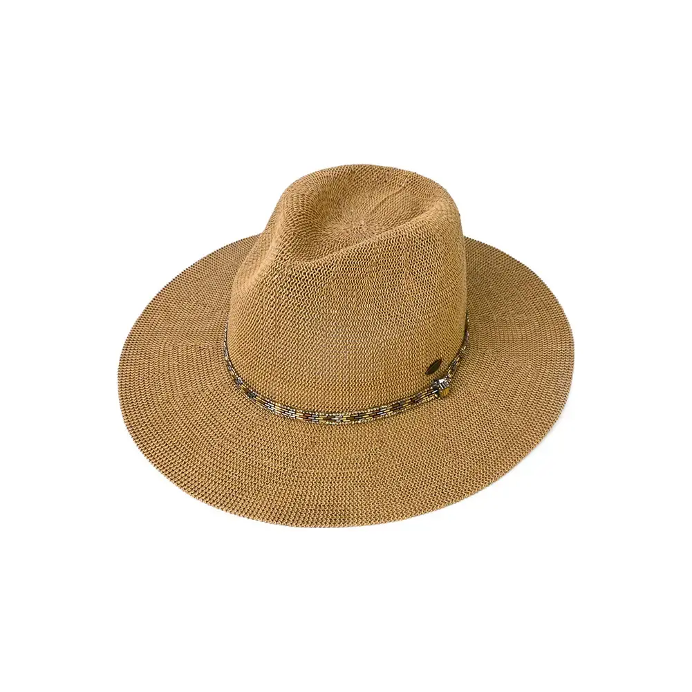 C.C Rhinestone Bugle Bead Trim Panama Hat Dark Natural