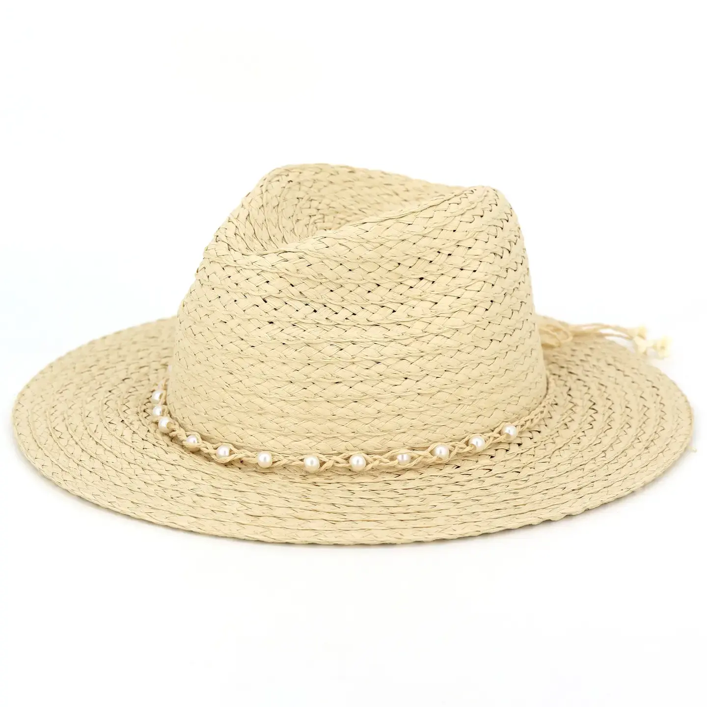 Woven Pearl Band with Flower Beads Straw Fedora Sun Hat Beige