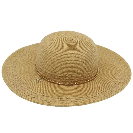 Starfish Charm and Beaded Band Wide Brim Straw Hat