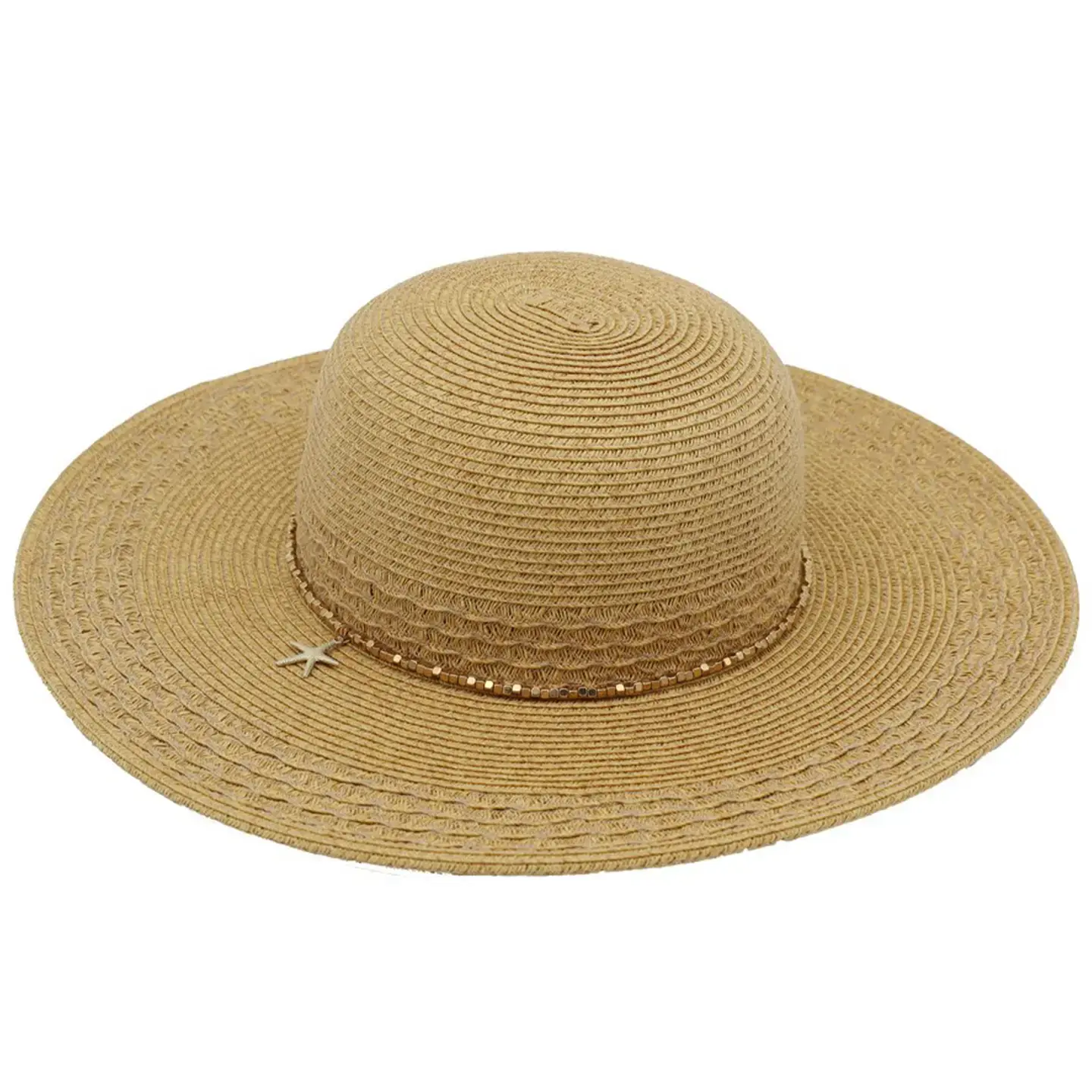 Starfish Charm and Beaded Band Wide Brim Straw Hat