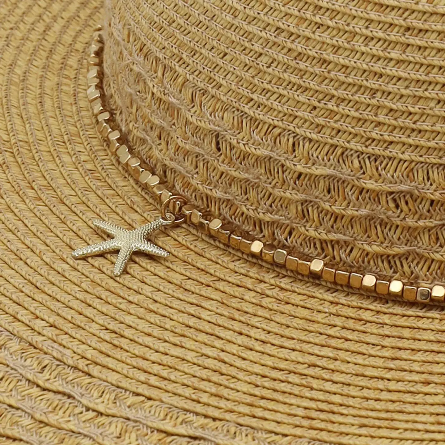 Starfish Charm and Beaded Band Wide Brim Straw Hat