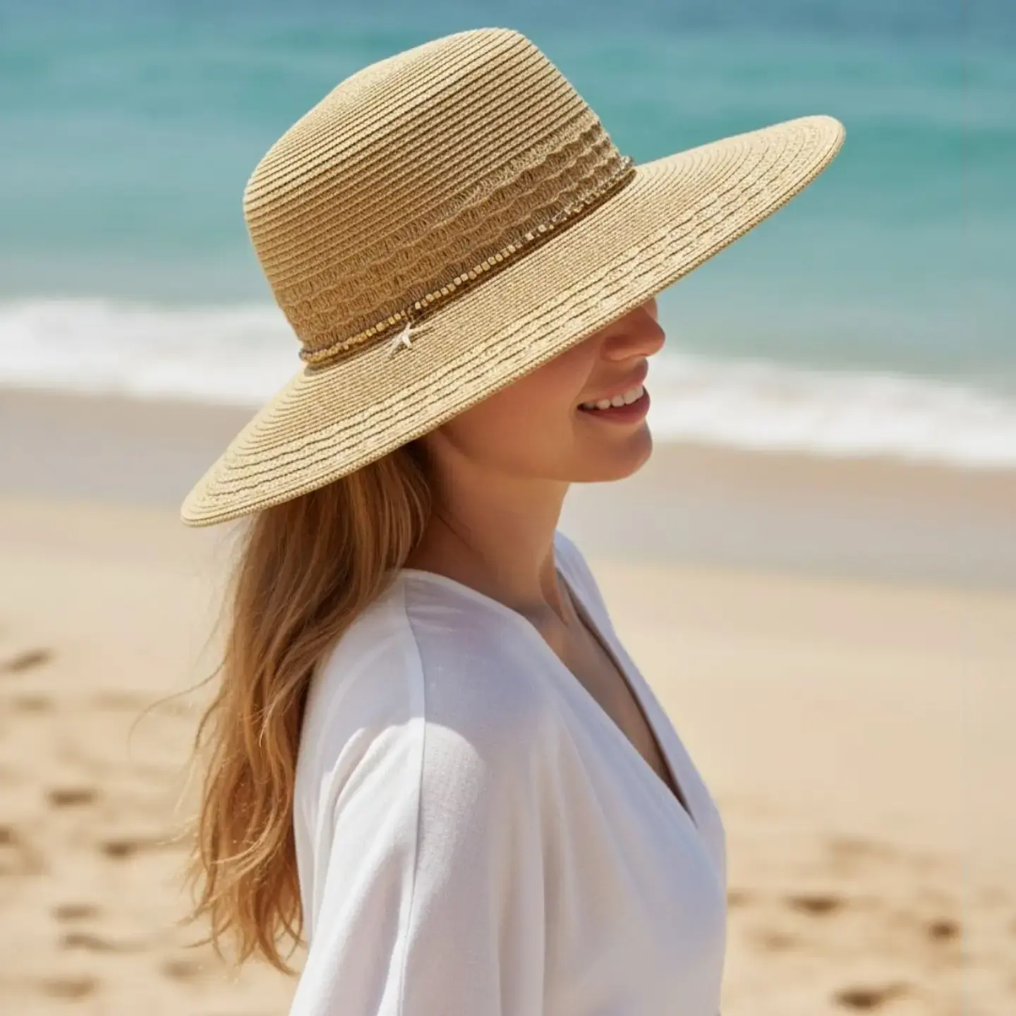 Starfish Charm and Beaded Band Wide Brim Straw Hat