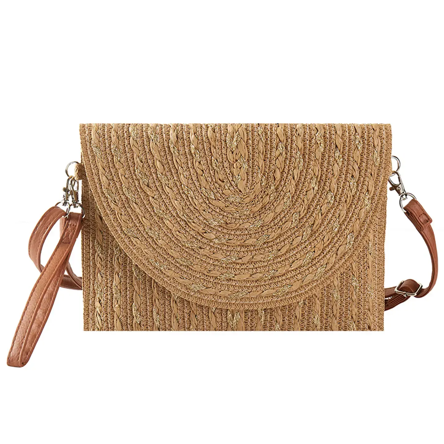 Gold Threads Mixed Striped Straw Clutch Crossbody Bag Taupe