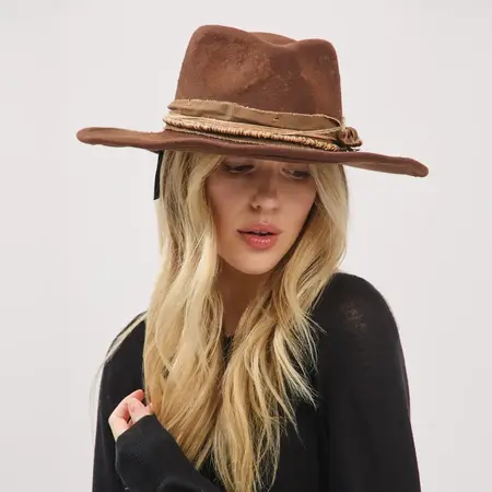 Distressed Fabric Band Rustic Cowgirl Fedora Hat