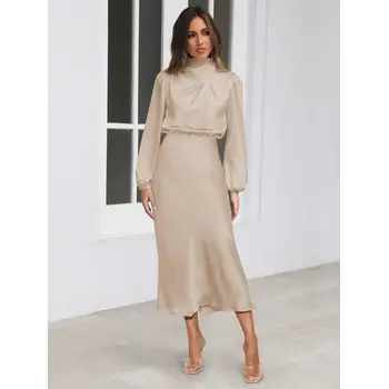 Ladies Elegant Satin Party Daily Midi Dress Apricot