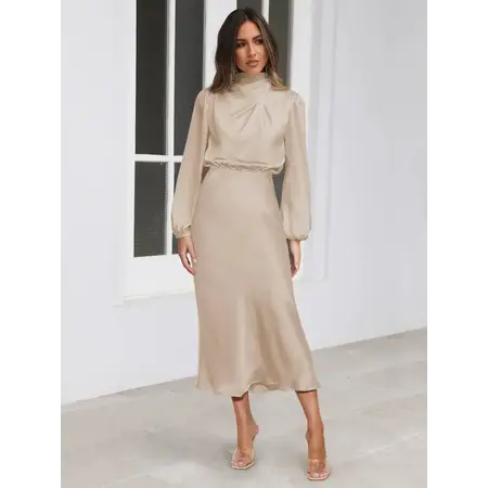 Ladies Elegant Satin Party Daily Midi Dress Apricot