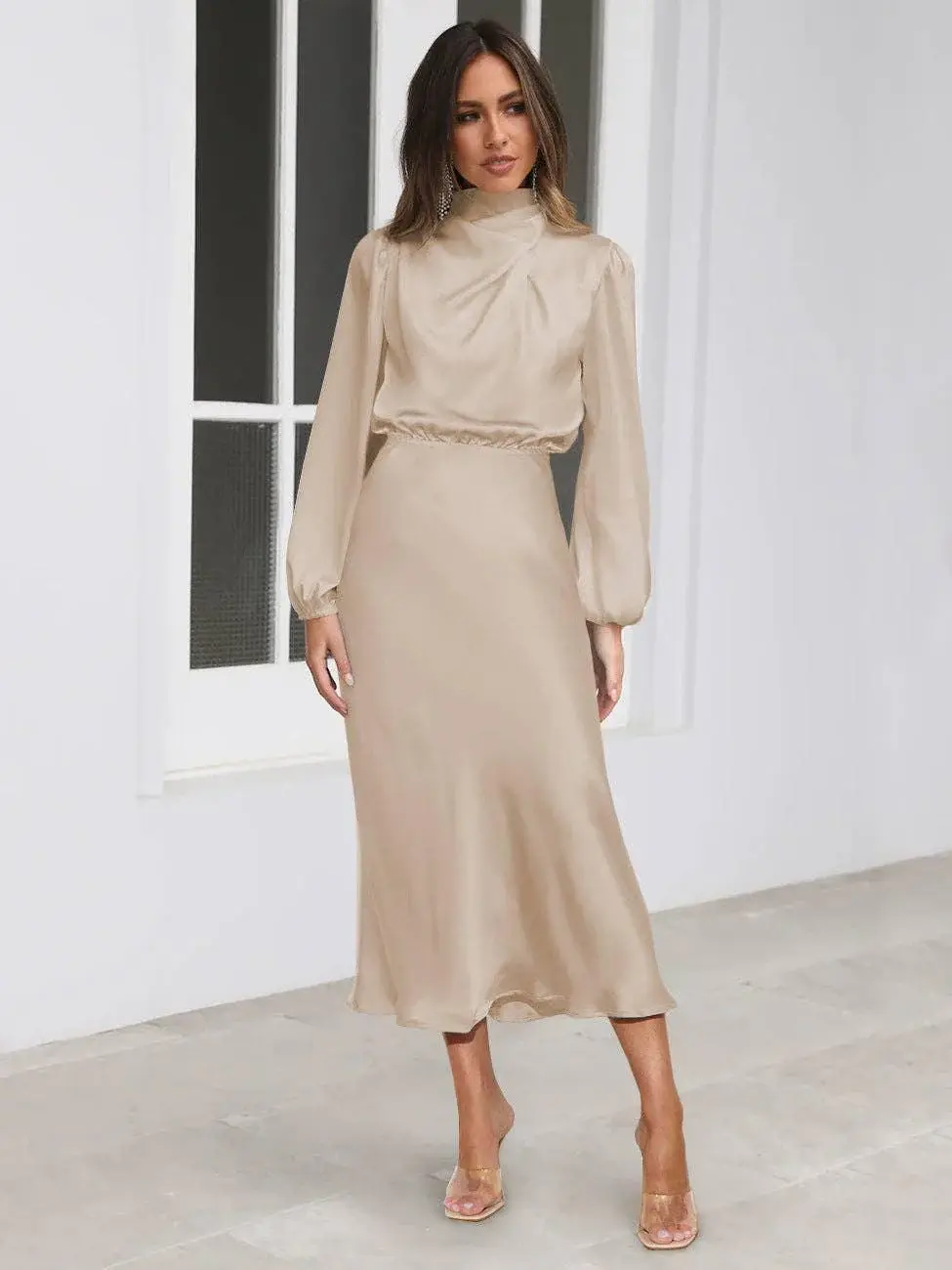 Ladies Elegant Satin Party Daily Midi Dress Apricot