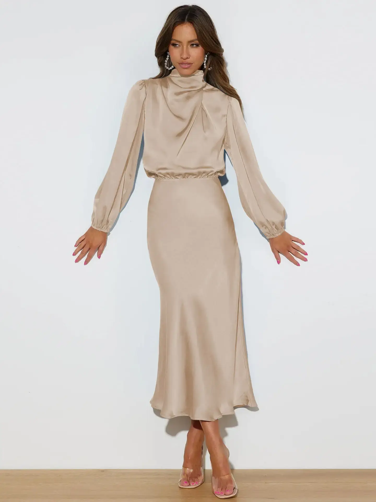 Ladies Elegant Satin Party Daily Midi Dress Apricot