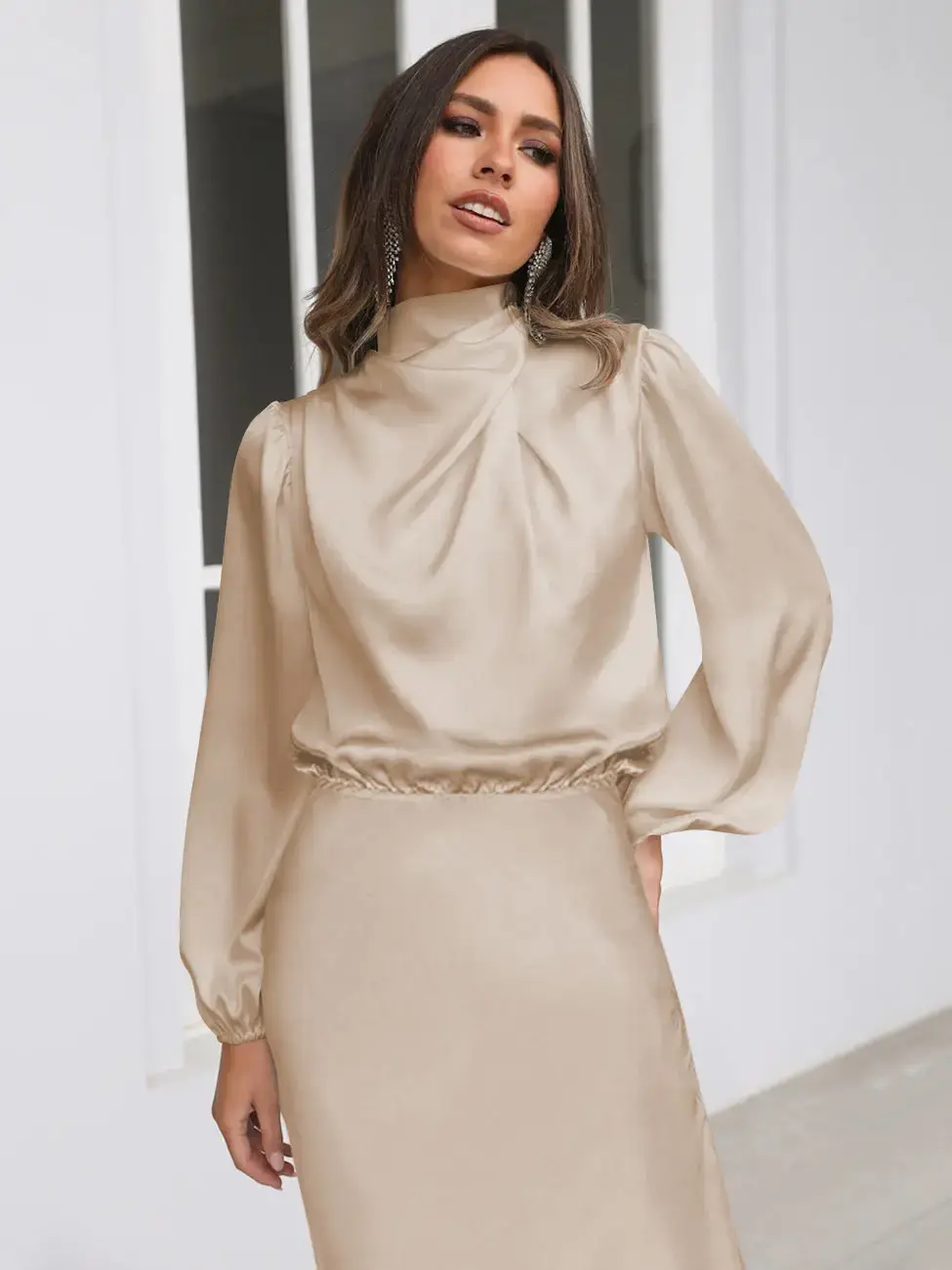 Ladies Elegant Satin Party Daily Midi Dress Apricot