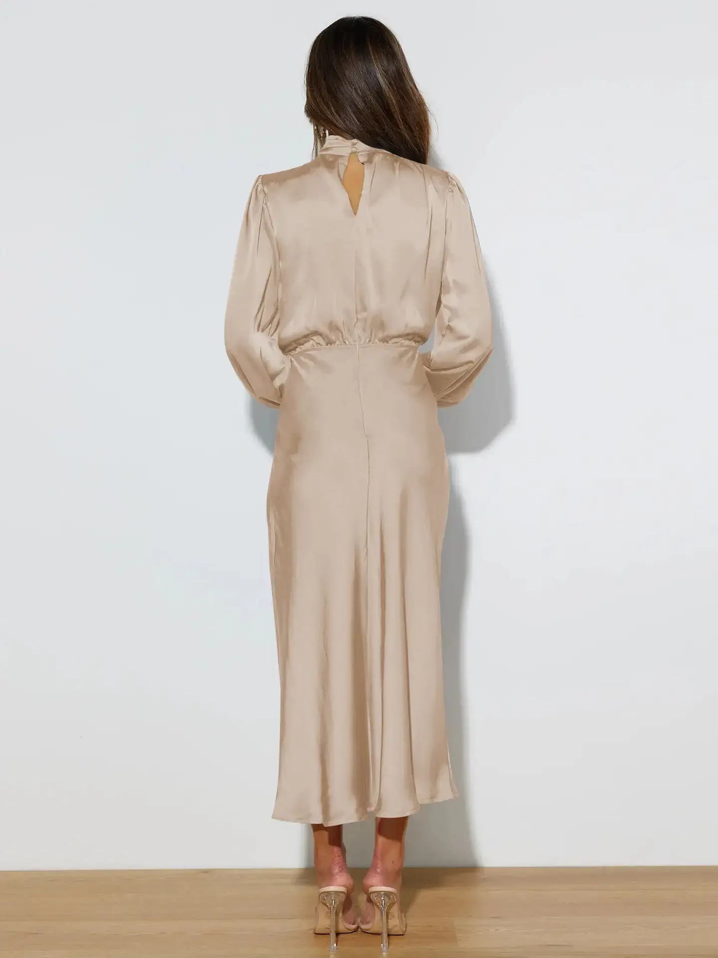 Ladies Elegant Satin Party Daily Midi Dress Apricot