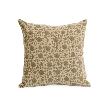 CUSHION COTTON HAND BLOCK PRINT FLWRS 17X17 OLV GR