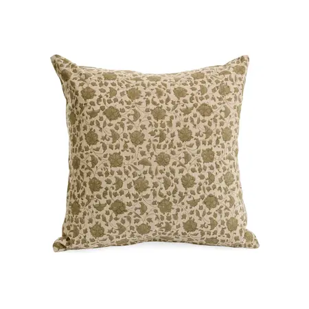 CUSHION COTTON HAND BLOCK PRINT FLWRS 17X17 OLV GR