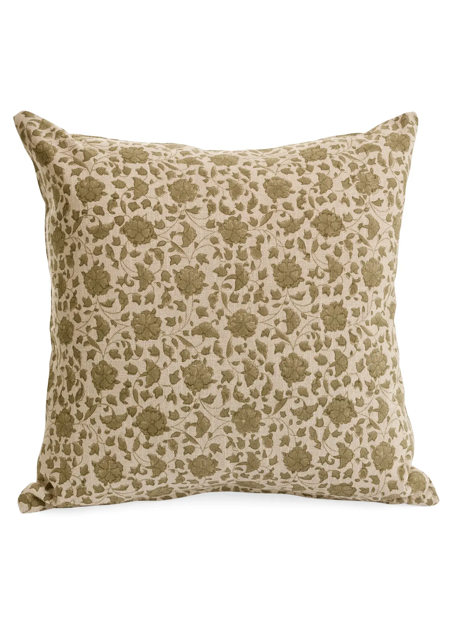 CUSHION COTTON HAND BLOCK PRINT FLWRS 17X17 OLV GR