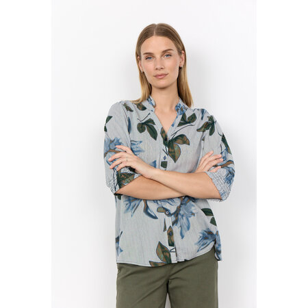 Navy Woven Blouse Striped Flowers