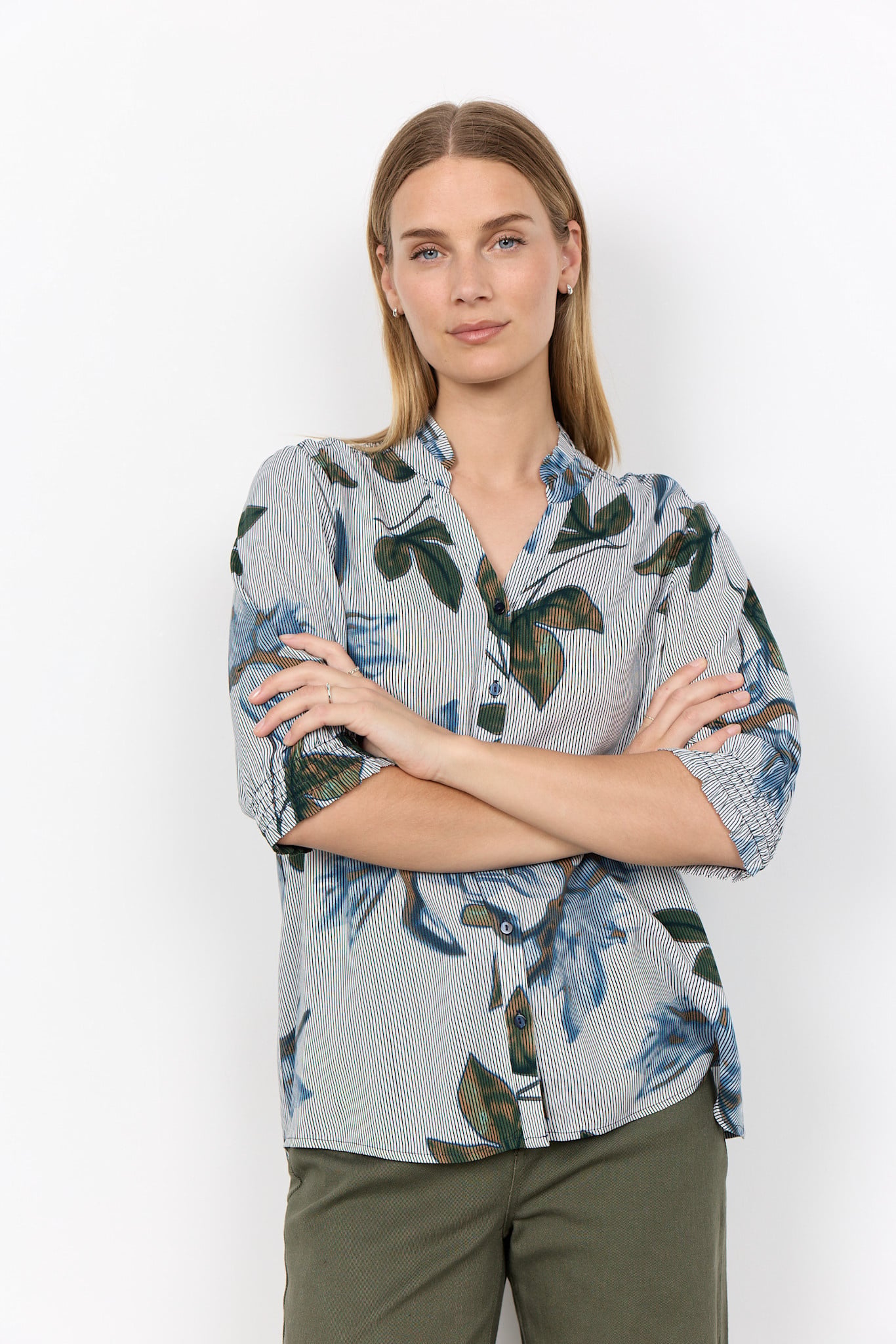 Navy Woven Blouse Striped Flowers
