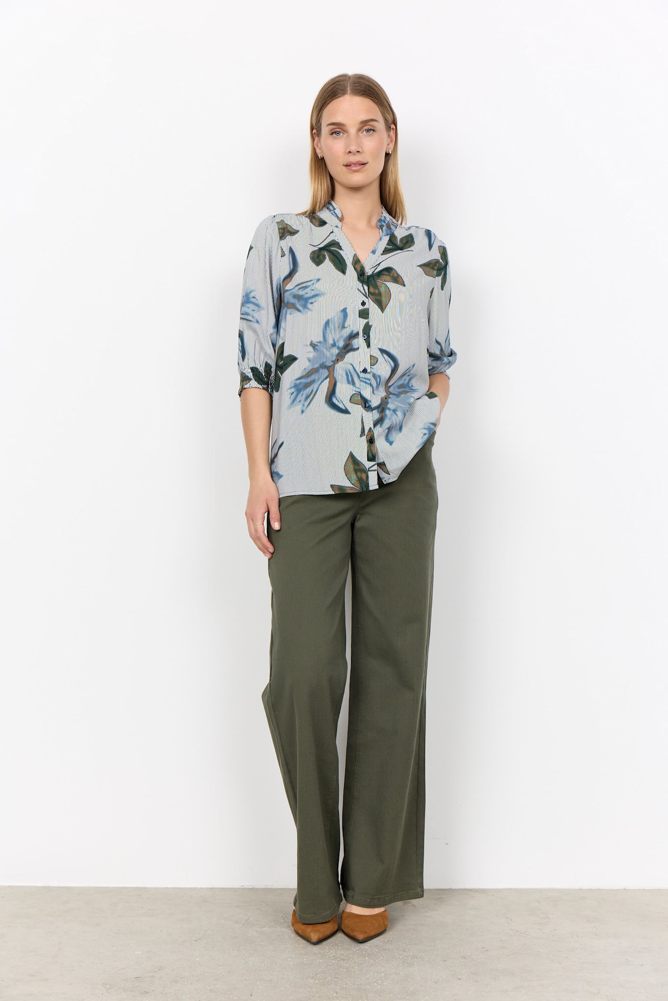 Navy Woven Blouse Striped Flowers