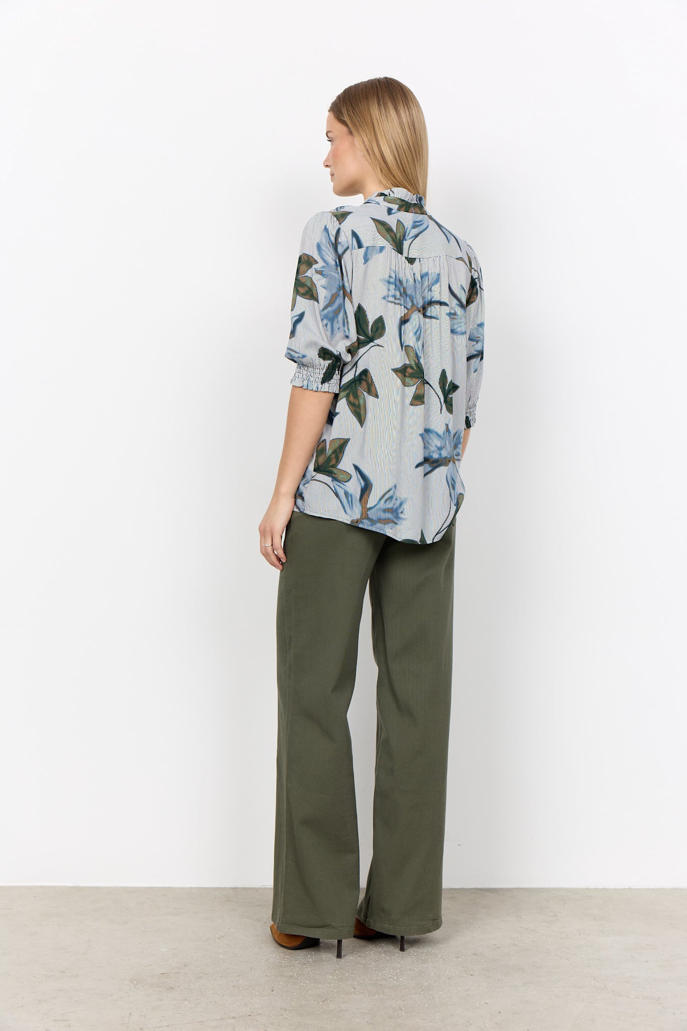 Navy Woven Blouse Striped Flowers