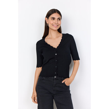 Black Knitted Sweater V-Neck Ruffle Details