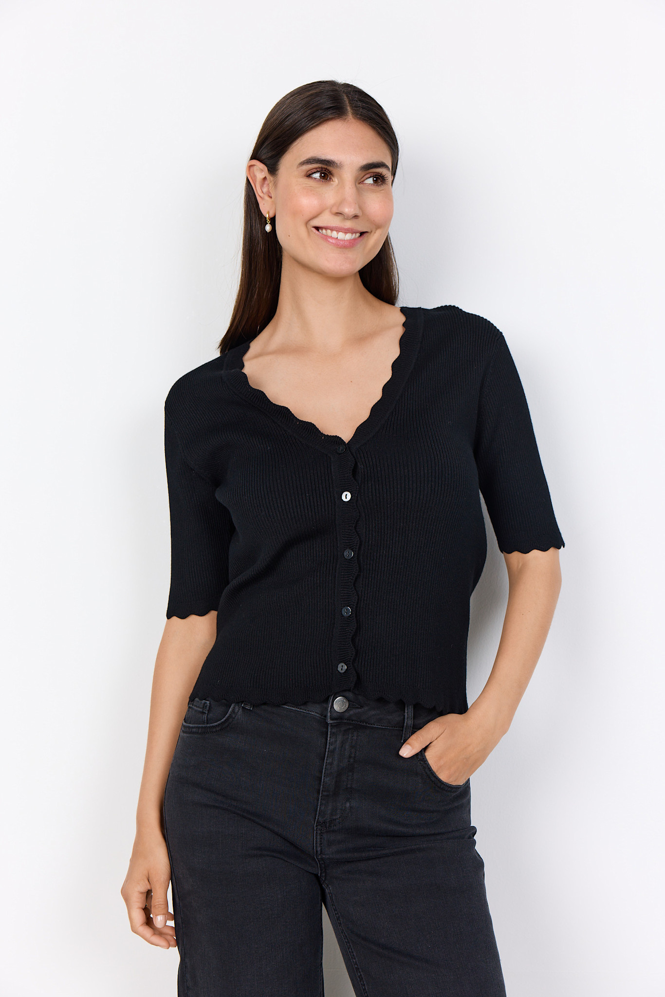Black Knitted Sweater V-Neck Ruffle Details