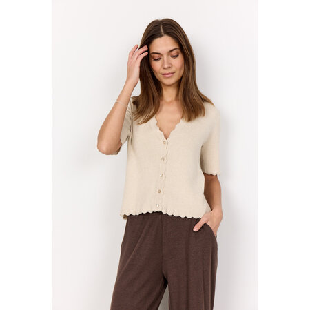 Knitted Sweater V-Neck Cream Melange Ruffle Details