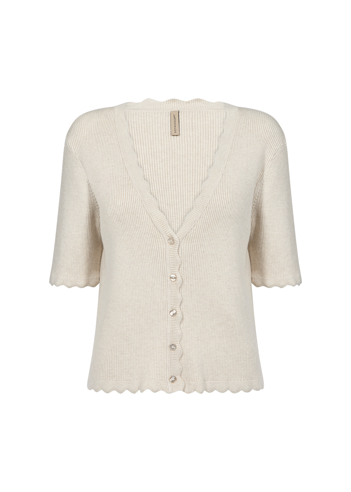 Knitted Sweater V-Neck Cream Melange Ruffle Details