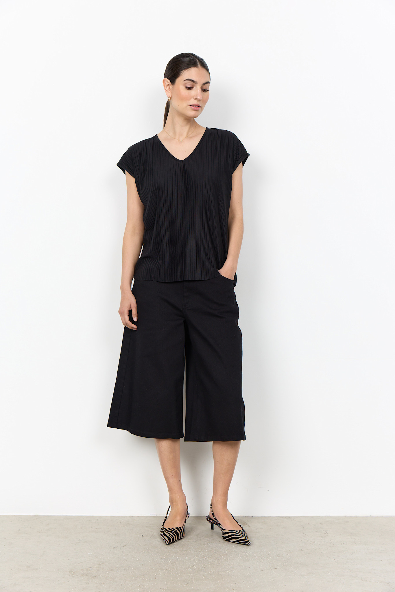 Black Striped Knitted Top V-Neck