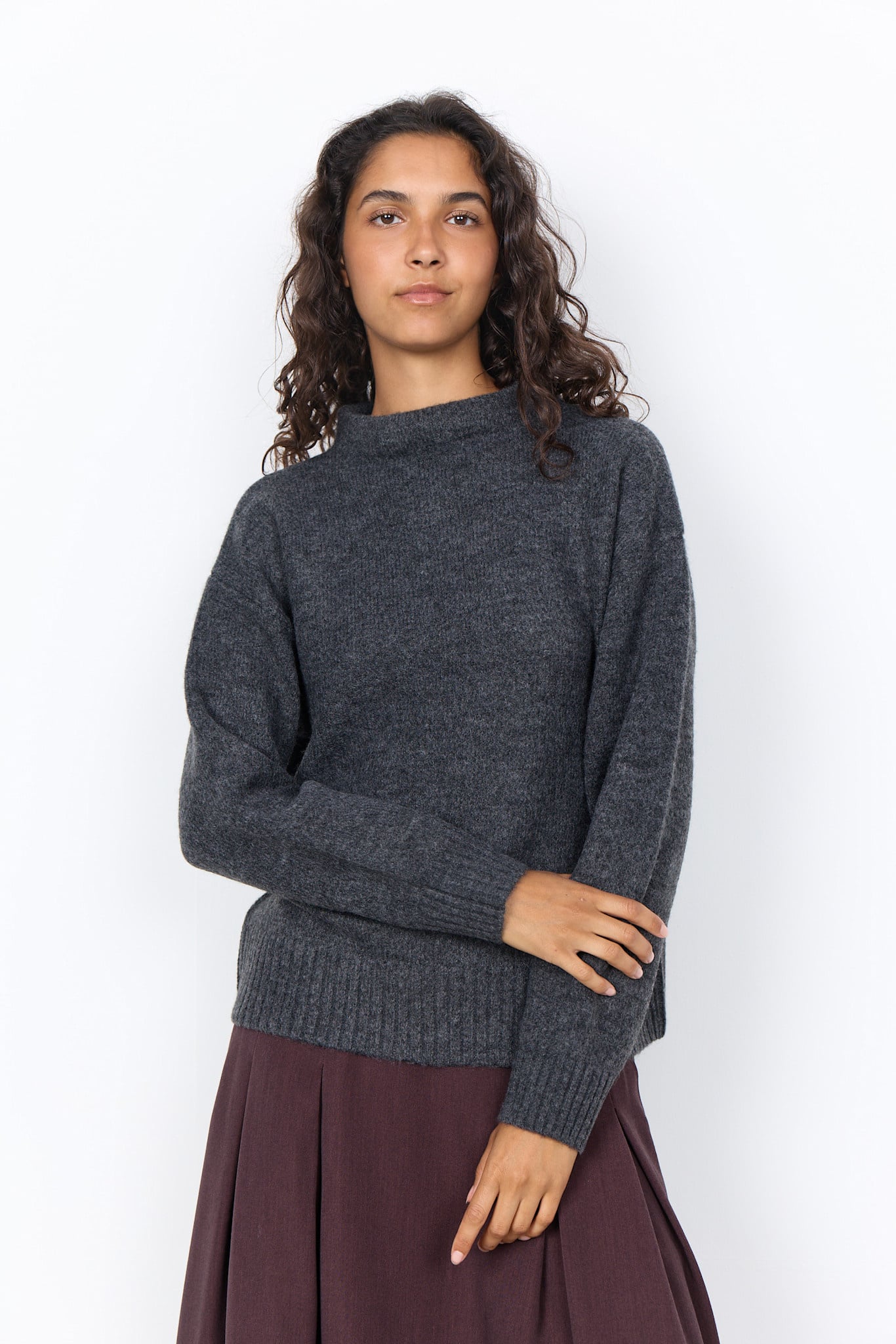 Dark Grey Melange Long Sleeve Sweater High Neck