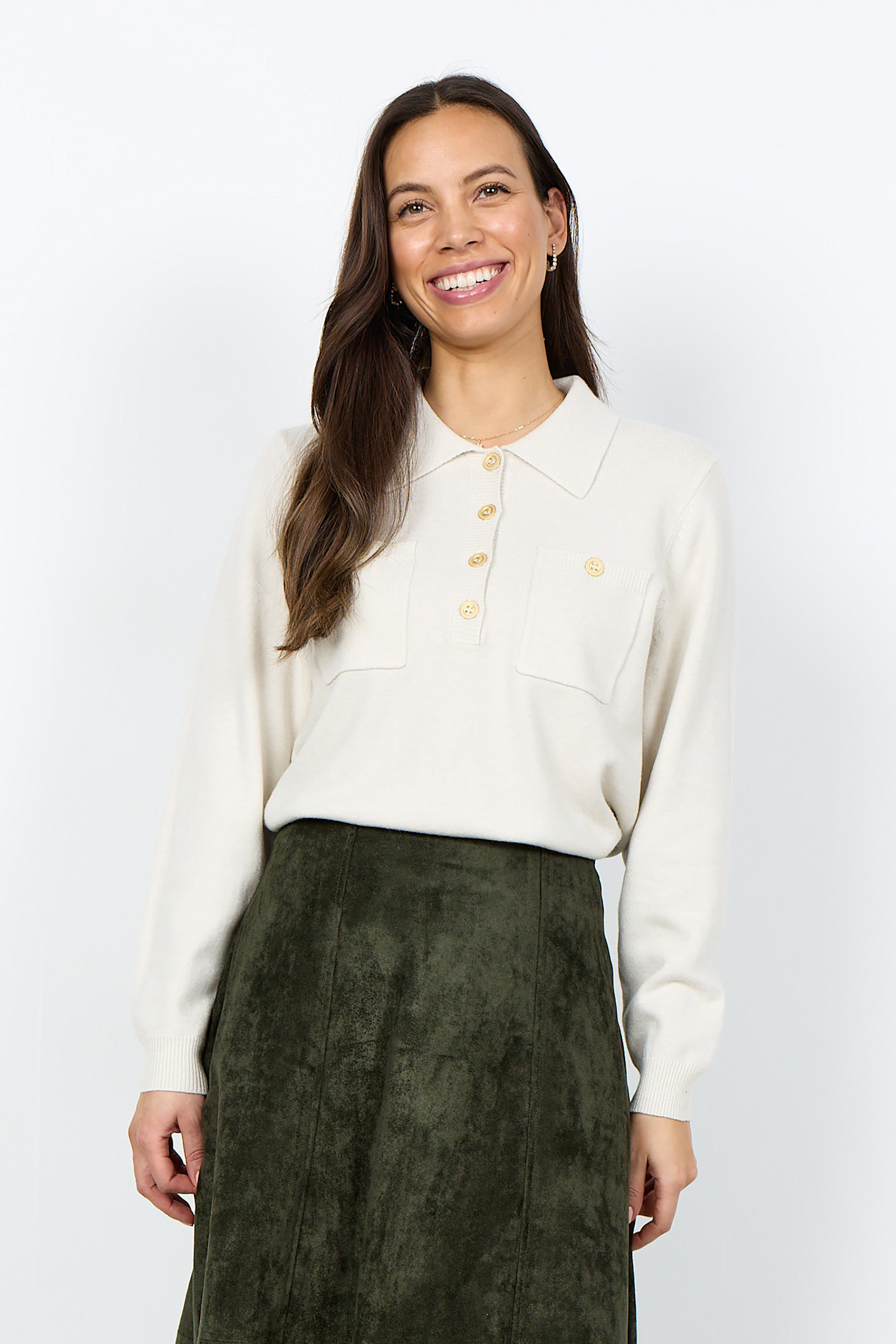 Light Sand Melange Top Pockets Longsleeve