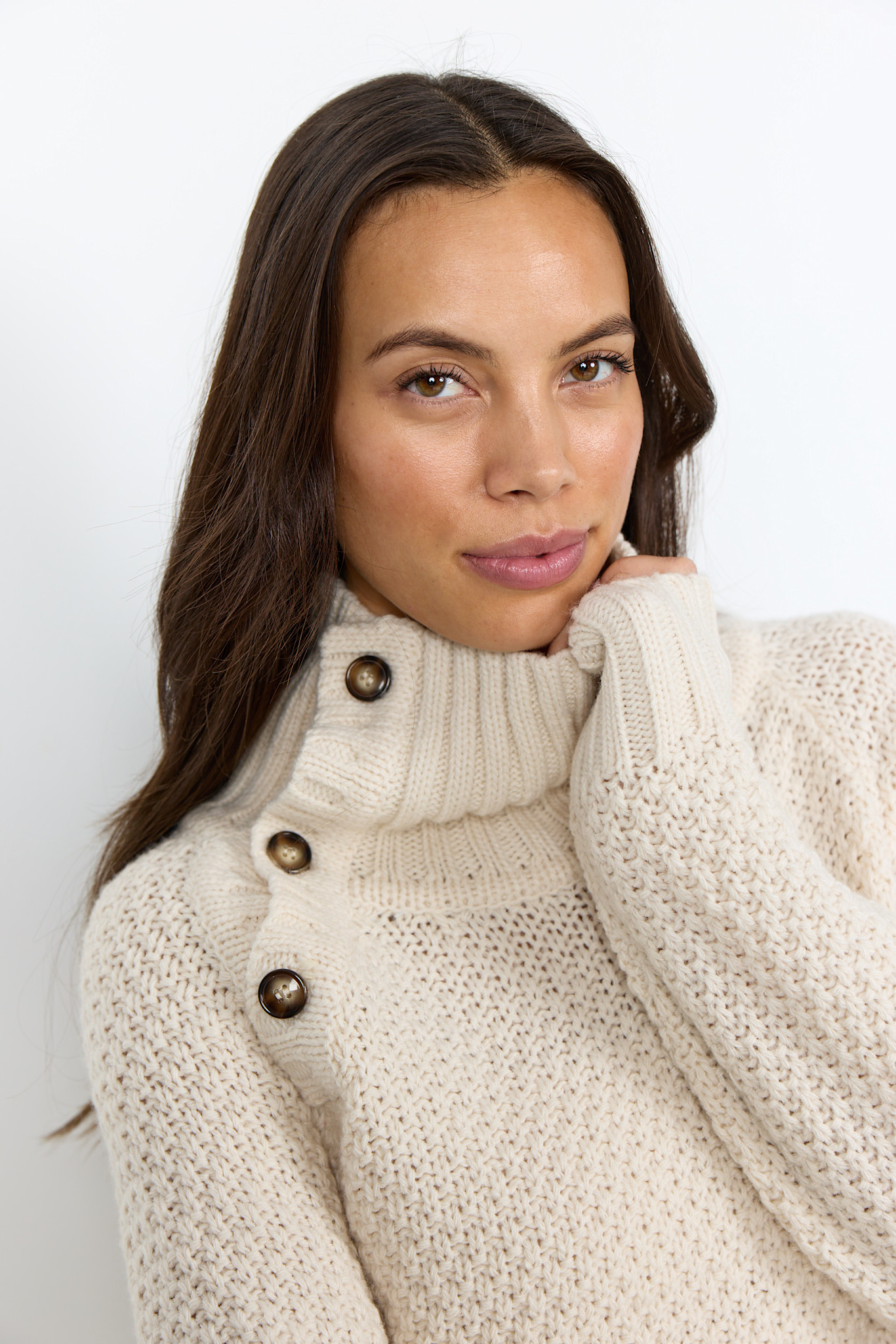 Sand Collar Sweater Knitted Buttons