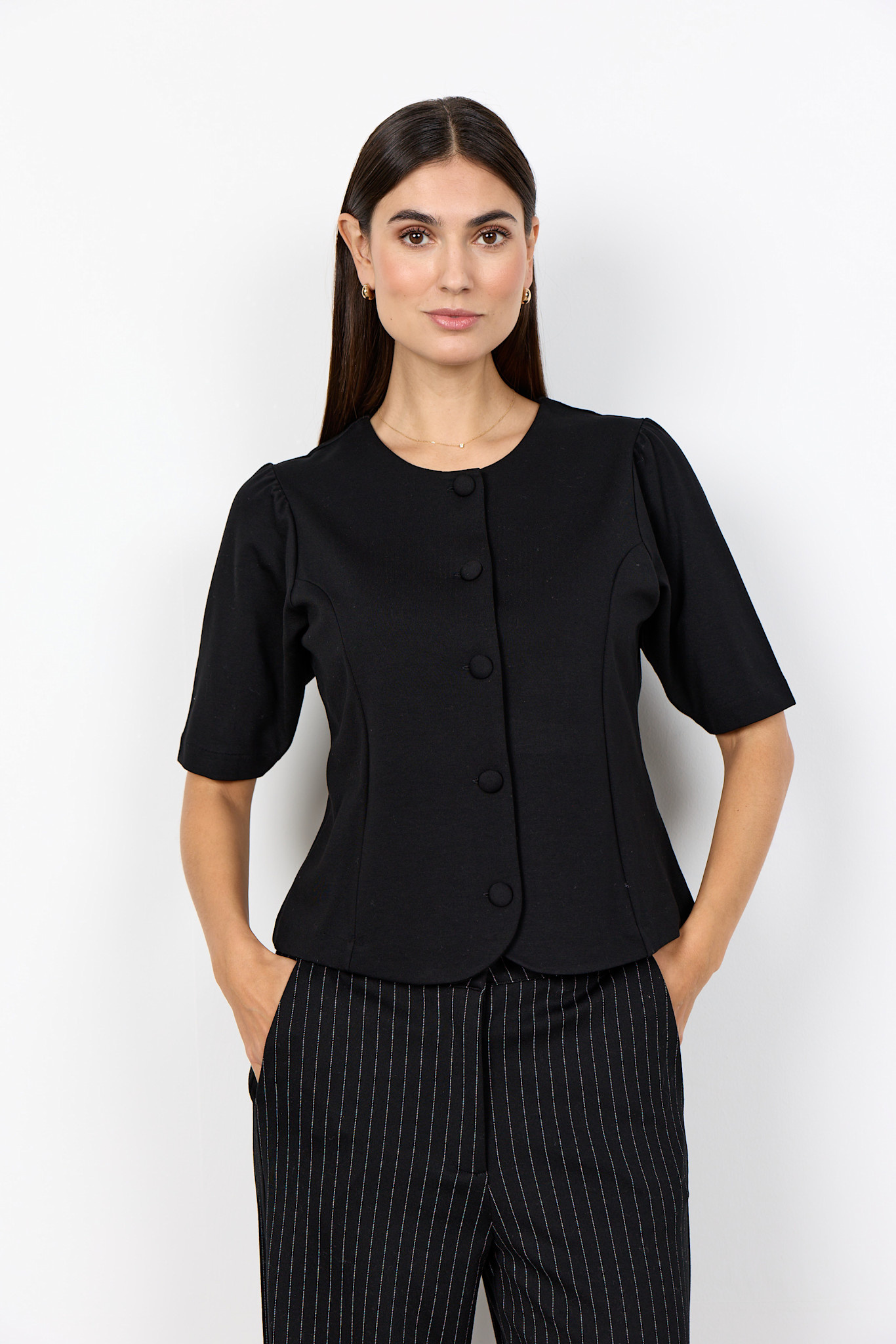 Black Short Sleeve Top Button Down