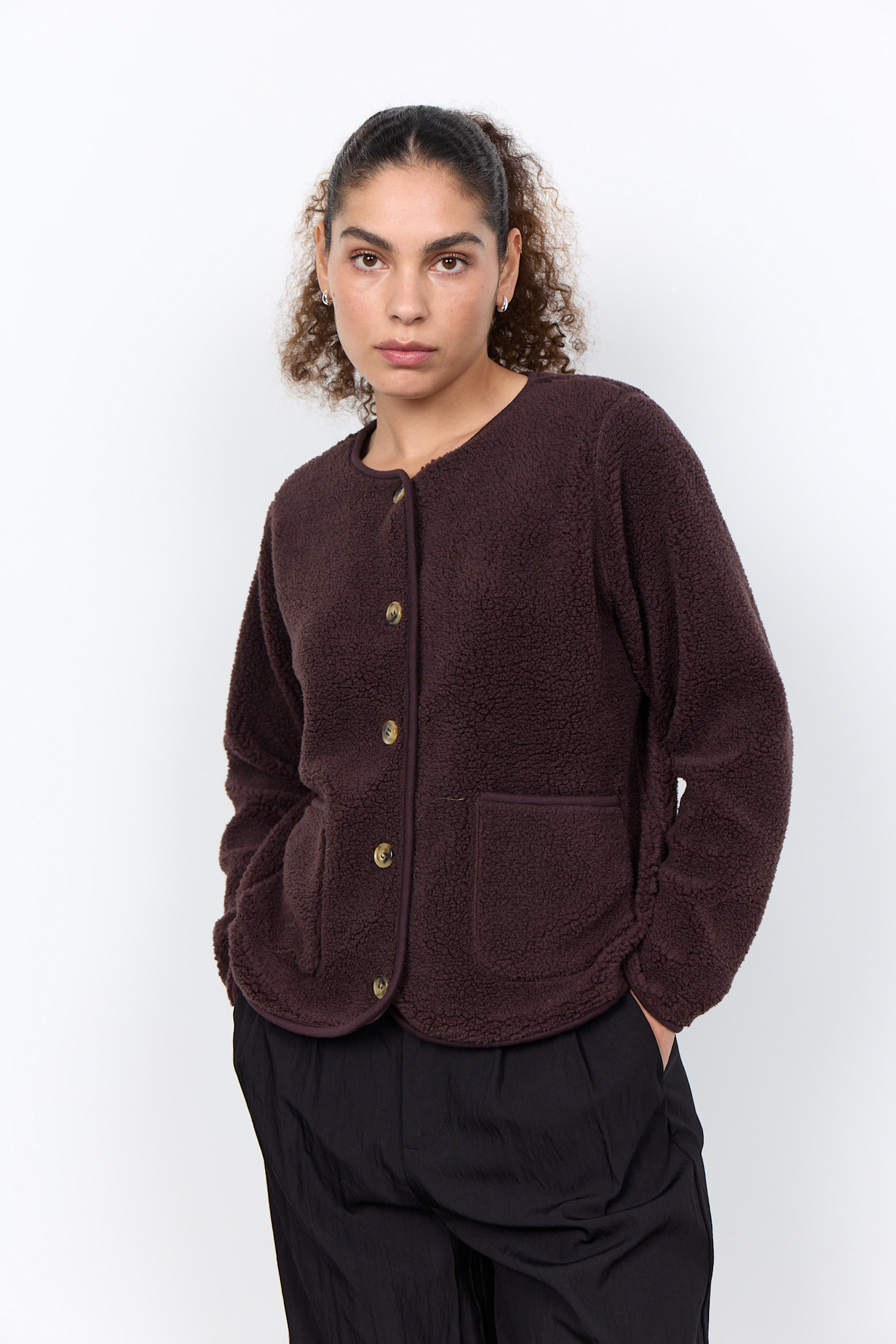 Chocolate Plum Teddy Jacket Pockets