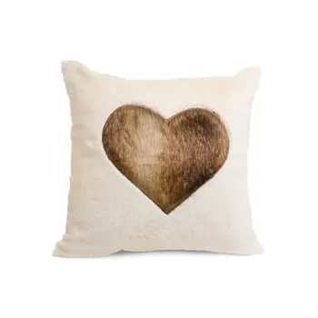 CUSHION FX FUR EMB HEART POLY ECRU/BROWN 17X17