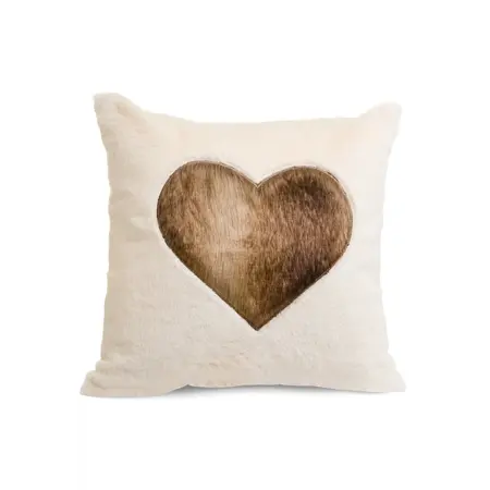 CUSHION FX FUR EMB HEART POLY ECRU/BROWN 17X17