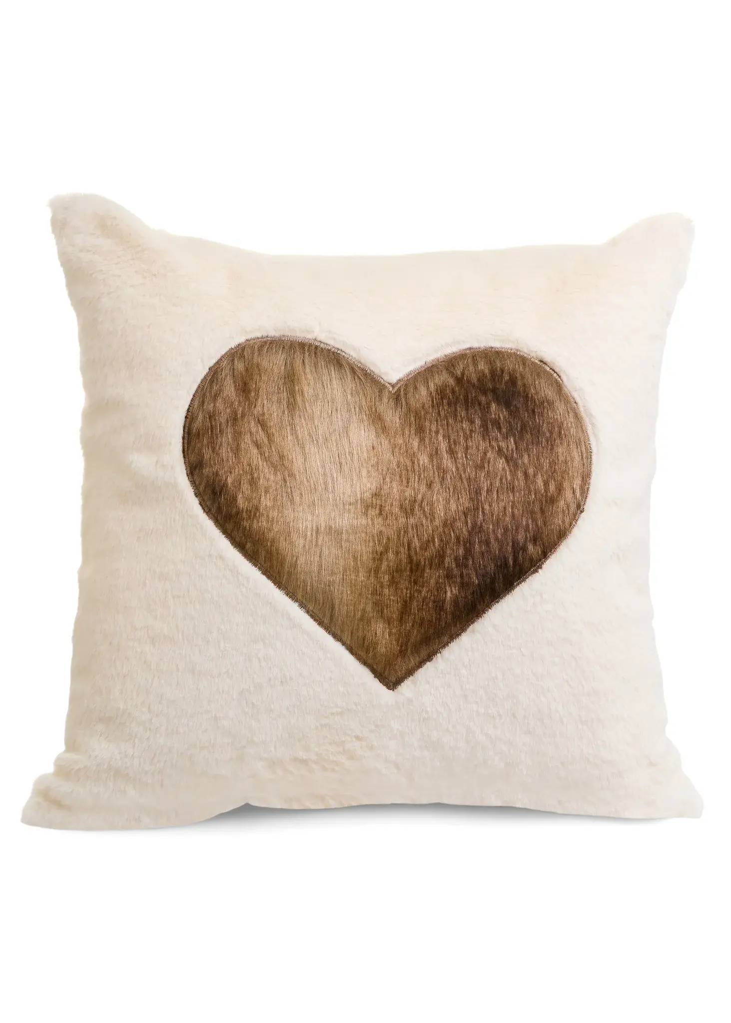 CUSHION FX FUR EMB HEART POLY ECRU/BROWN 17X17
