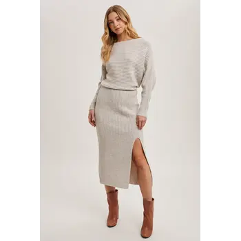 Off Side Slit Midi Knit Sweater Dress Oatmeal