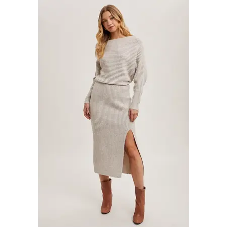 Off Side Slit Midi Knit Sweater Dress Oatmeal