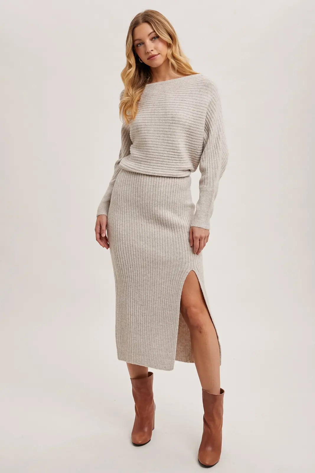 Off Side Slit Midi Knit Sweater Dress Oatmeal