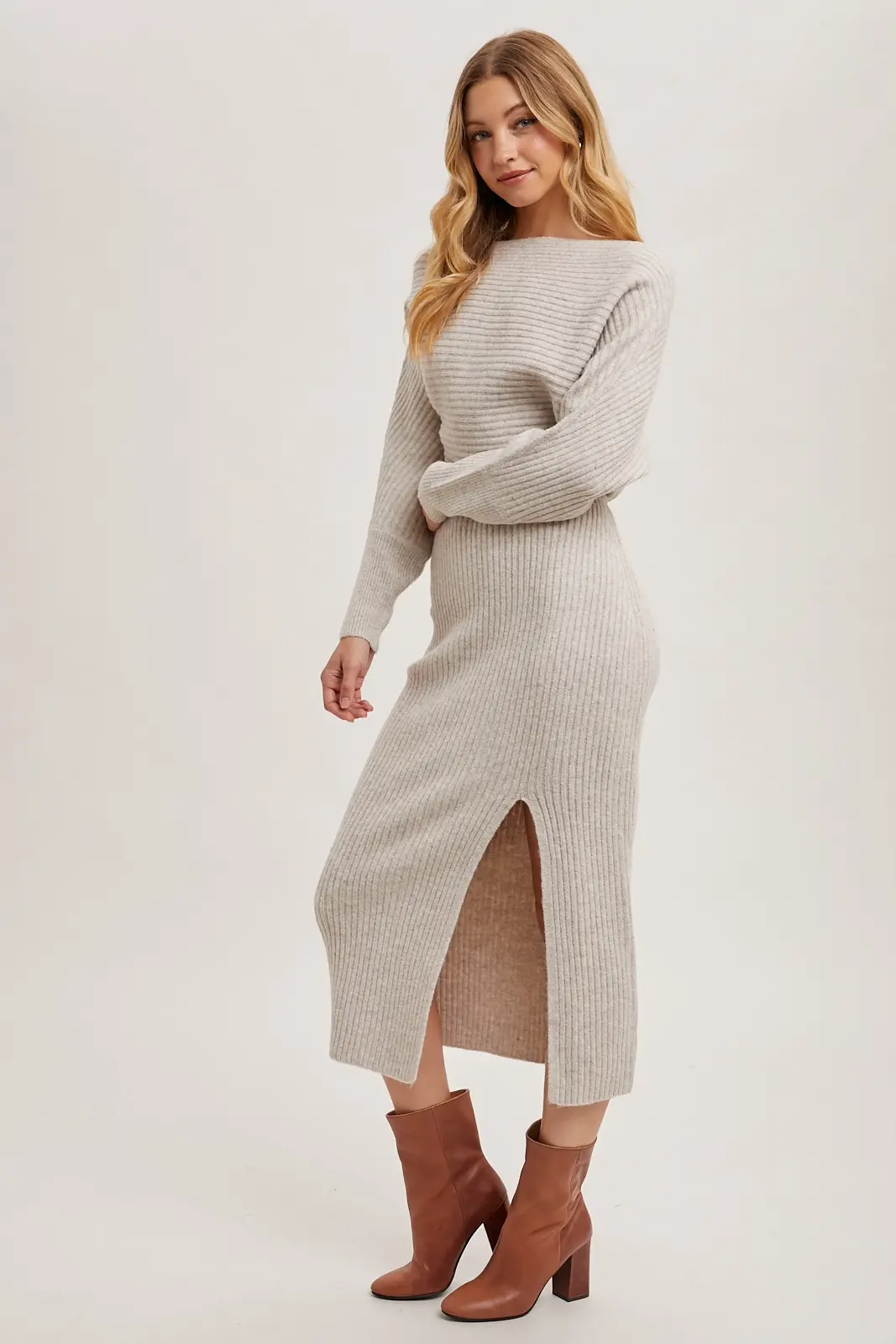 Off Side Slit Midi Knit Sweater Dress Oatmeal