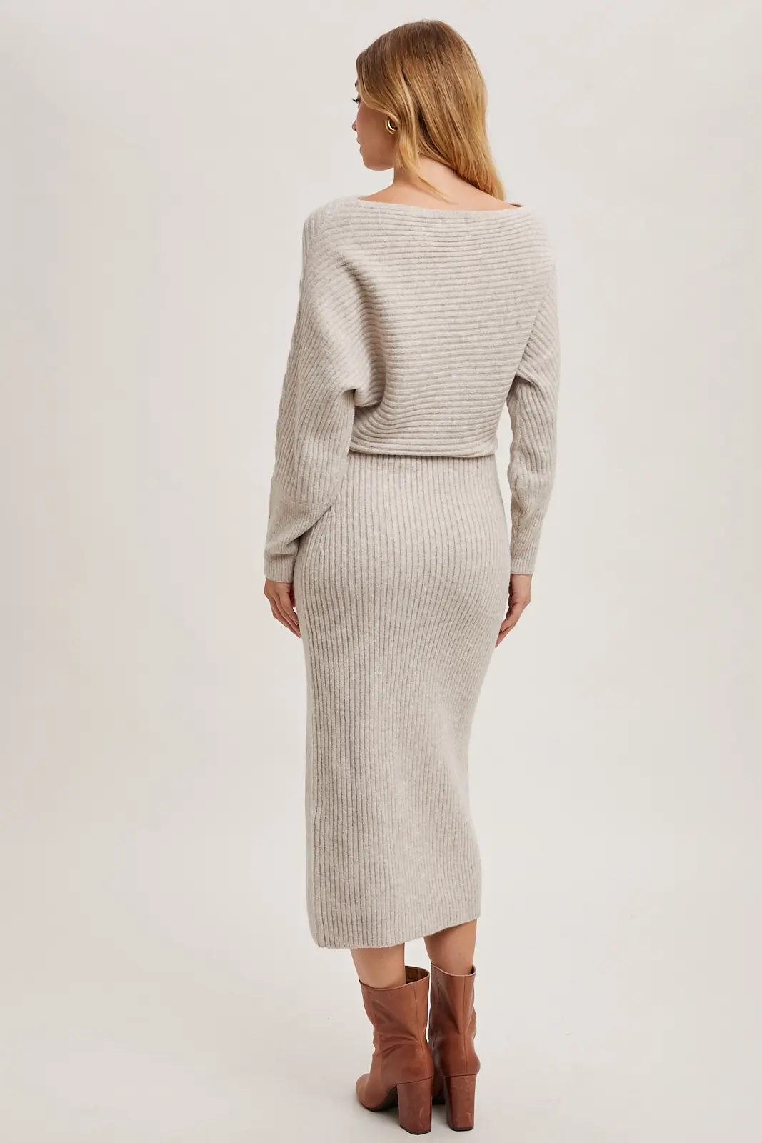 Off Side Slit Midi Knit Sweater Dress Oatmeal