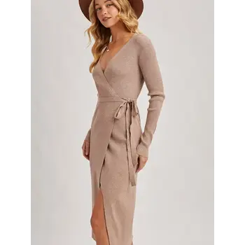 Ribbed Knit V-Neck Wrap Midi Dress Latte