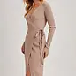 Ribbed Knit V-Neck Wrap Midi Dress Latte