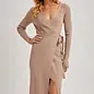 Ribbed Knit V-Neck Wrap Midi Dress Latte